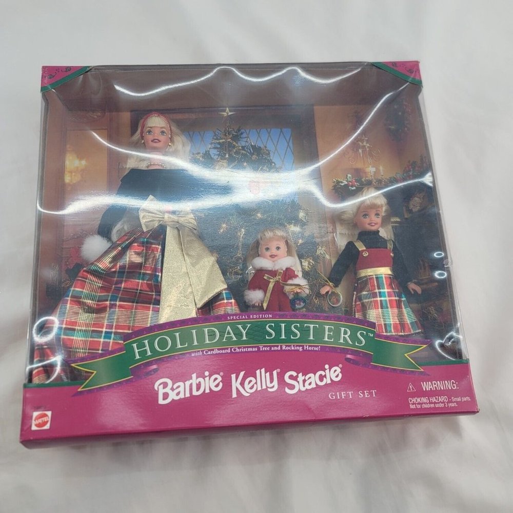 1998 Mattel Barbie Kelly Stacie Holiday Sister Girl Fashion Doll Gift Set